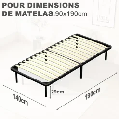 Teeno Matelas double en mousse de 17 cm + sommier à lattes 90x190 cm 16 rangées de lattes