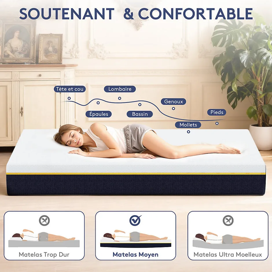 Teeno Matelas en mousse à mémoire de forme, 140 x 200 cm, épaisseur 17 cm, vintage