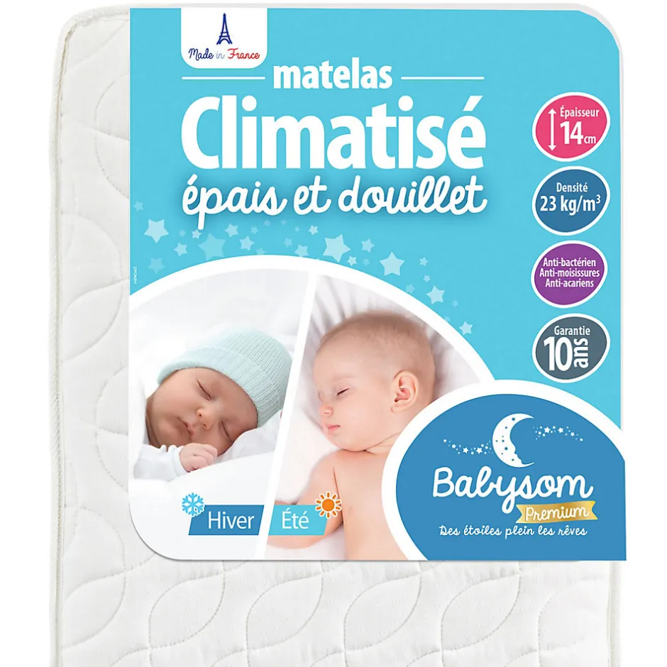 Babysom Matelas Enfant/Bébé Climatisé - 1 Face Été Fraîche et 1 Face Hiver Ouatinée - Anti-acarien - Oeko-Tex - Fabrication française