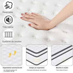 ProximaX Matelas hybride à ressorts ensachés 200x90x25 cm, Indépendance de couchage, soutien ergonomique, tissu respirant 3D, Blanc et gris Clearance