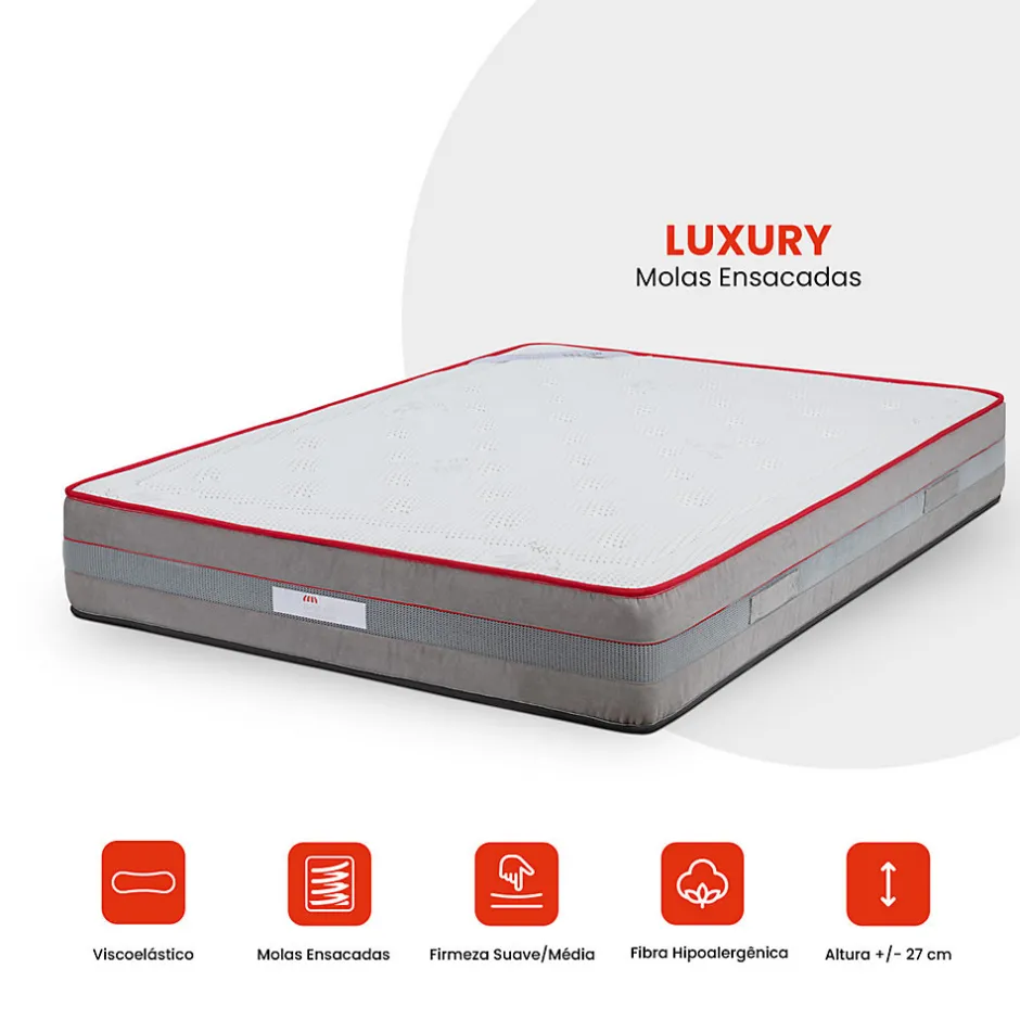 Mercado Do Colchão Matelas Luxury - ressorts ensachés et viscoélastique pour un soutien adaptatif, 27 cm.