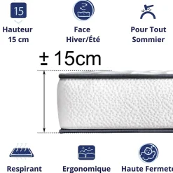 Dagostino Home Matelas Mousse 80x200 New York, Ferme, Réversible, Côté Été/hiver, H15 Cm
