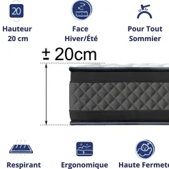 Dagostino Home Matelas Mousse 90x190 Onyx, Ferme, Réversible, Côté Été/hiver, H20 Cm