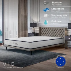 Cosmos Matelas ressorts - 160x200 - 24 cm - Hybride - Blue Latex - Couchage Indépendant - Confort Mi-Ferme - Réversible - Upsilon