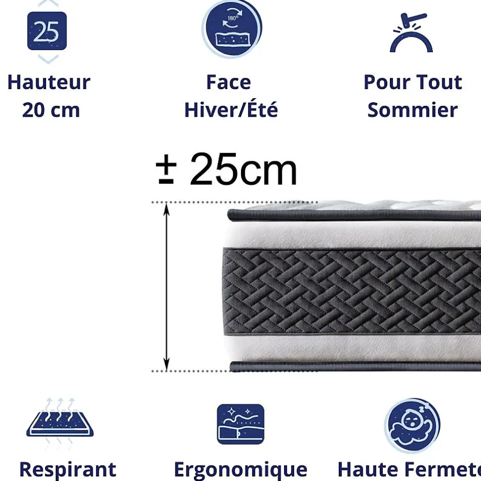 Dagostino Home Matelas Ressorts Ensachés 140x190 Montecarlo, Ferme, Réversible, Côté Été/hiver, H25 Cm