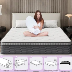 Teeno Matelas Ressorts 160x200 cm, Confort, 7 Zones Ergonomique,25 cm d'épaisseur Hot