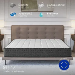 Cosmos Matelas 135x190 + 2 Oreillers 60x60 Offerts - Épais 21 cm - Mousse - Blue Latex - 7 zones de soutien - Réversible - Equinox