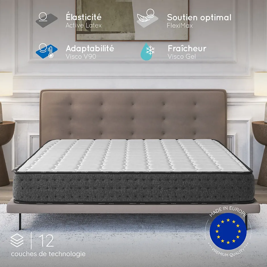 Cosmos Matelas 135x190 + 2 Oreillers 60x60 Offerts - Épais 21 cm - Mousse - Blue Latex - 7 zones de soutien - Réversible - Equinox