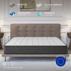 Cosmos Matelas 140x190 + 2 Oreillers 60x60 Offerts - Épais 21 cm - Mousse - Blue Latex - 7 zones de soutien - Réversible - Equinox Online