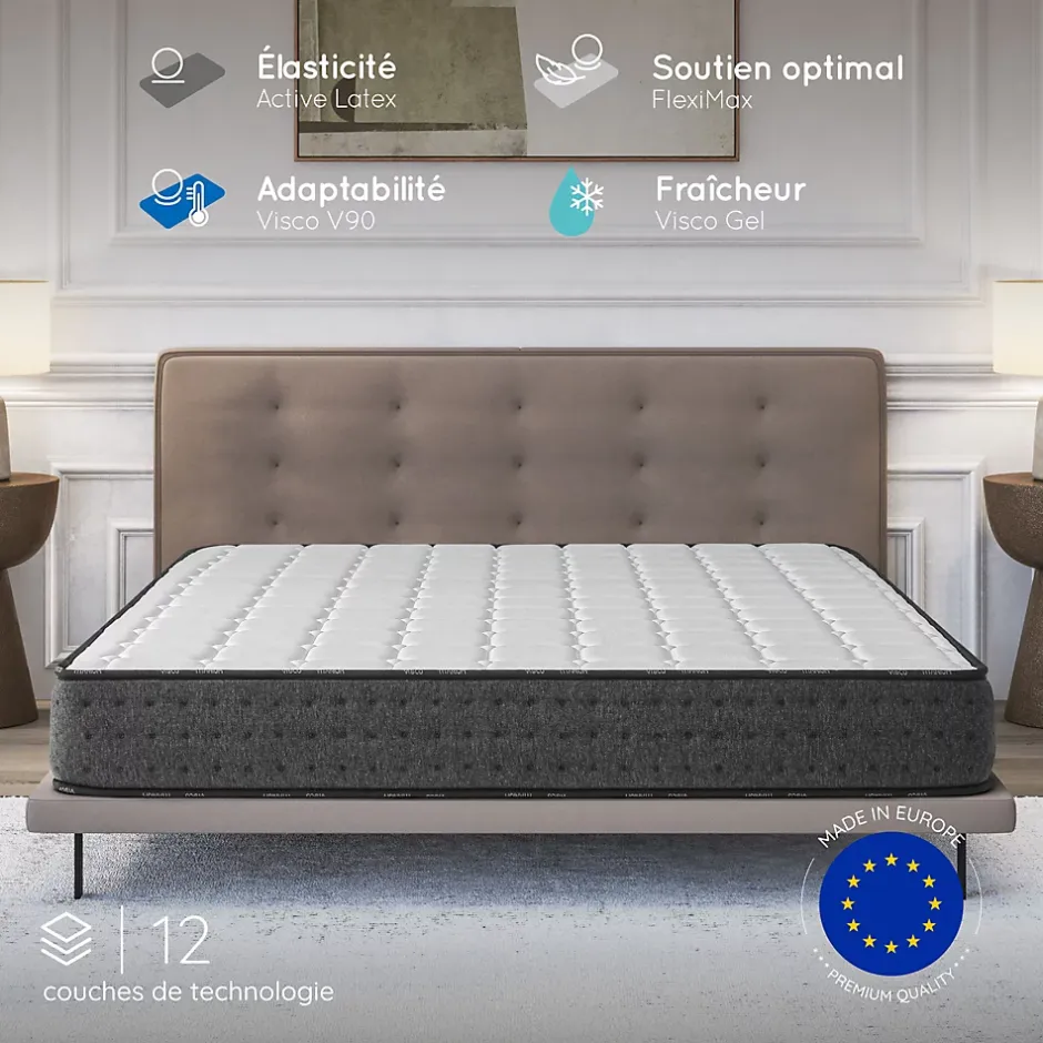 Cosmos Matelas 140x190 + 2 Oreillers 60x60 Offerts - Épais 21 cm - Mousse - Blue Latex - 7 zones de soutien - Réversible - Equinox Online