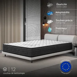 Cosmos Matelas 140x200 - Épais 30 cm - Hybride - Blue Latex - Ressorts Ensachés - 7 zones - Face été/hiver - Confort Mi-Ferme - Gamma