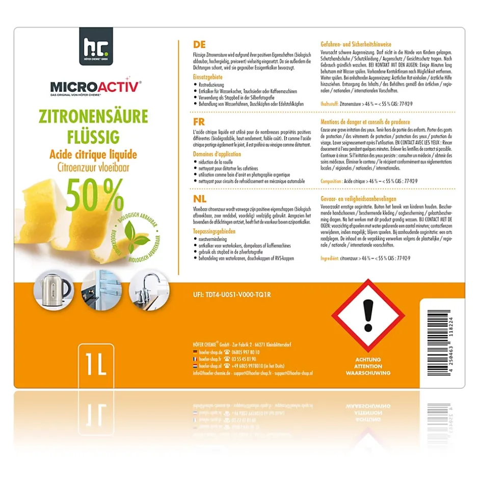 Höfer Chemie Microactiv Acide Citrique Liquide 50% Détartrant Polyvalent 1 x 6 L, Et Économique