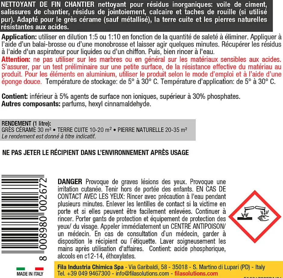 Fila Nettoyant fin de chantier intérieur extérieur 1L