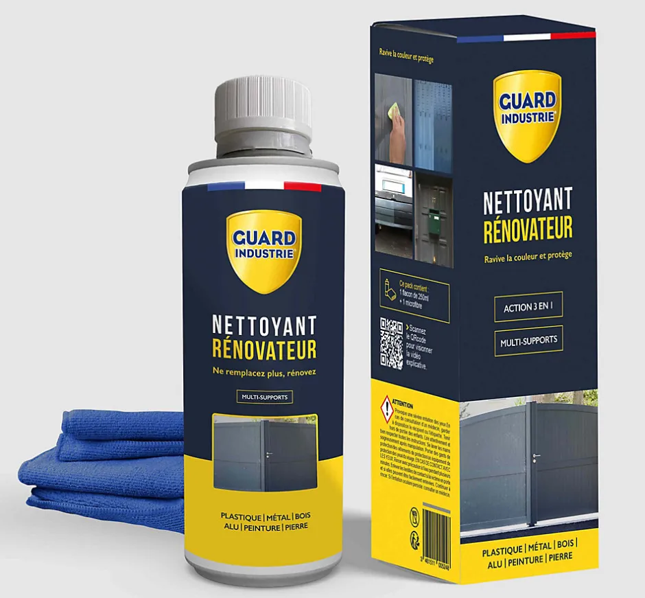 Guard Industrie Nettoyant Rénovateur Ravive Couleurs Peinture PVC Métal Antitache 5 ans 250g - 2 Portes et 10 Fenêtres Chiffon microfibre inclus