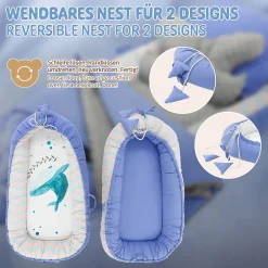 Joyz Nid d'ange bébés 90x50 cm bleu motif baleine en coton avec coussin de sommeil oreiller papillon
