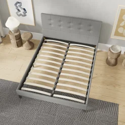November Sleep Lit 140x200 cm avec tête de lit tissu gris