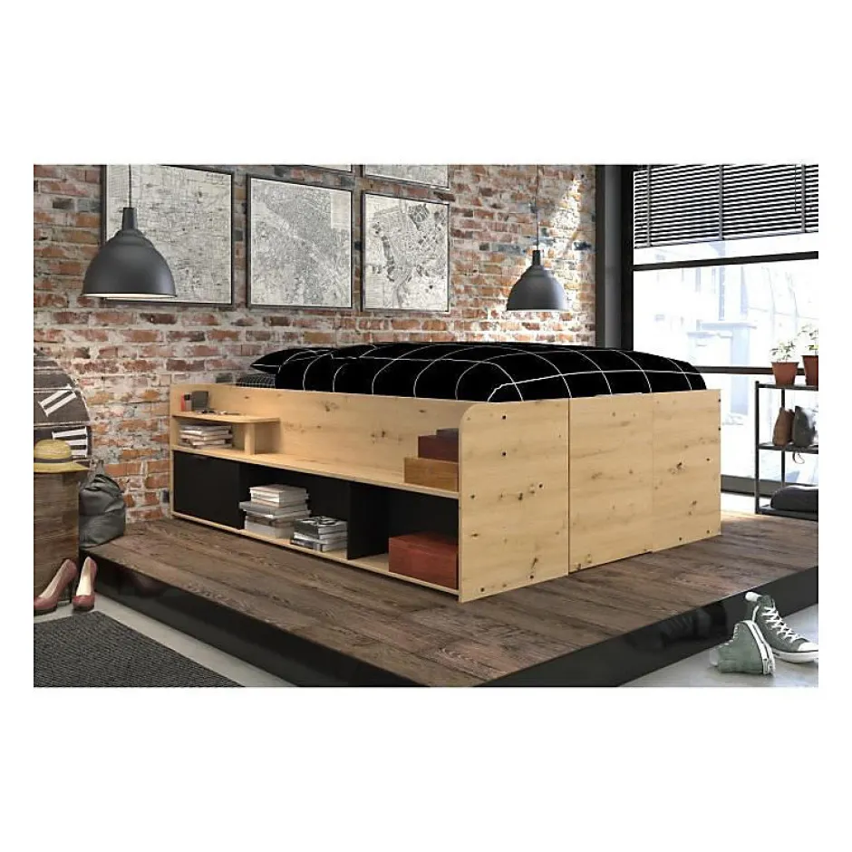 Parisot ODYSSEE Lit adulte - 140x200 cm - Avec coffre relevable - Décor chene et noir - L 166,2 x 66,5 x 205,8 cm Sale
