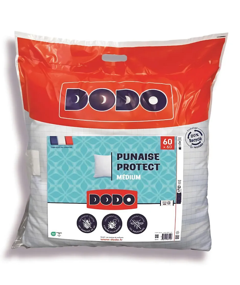Dodo Oreiller médium 60x60 cm - Protection anti punaise, anti acarien - 550 gr - Blanc - Fabriqué en France Hot