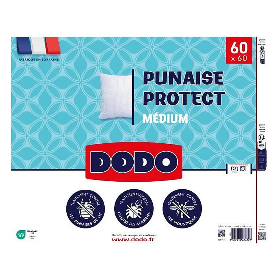 Dodo Oreiller médium 60x60 cm - Protection anti punaise, anti acarien - 550 gr - Blanc - Fabriqué en France Hot