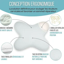 Inphysio Oreiller papillon plat mémoire de forme, profil bas 10 cm, multiposition, taie coton, 56x46 cm