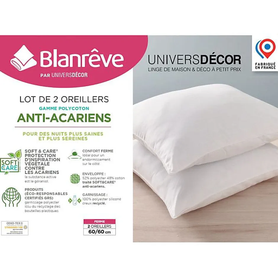 Blanreve Oreillers Blanrêve Lot de 2 60 x 60 cm Blanc polycoton recyclé Hot