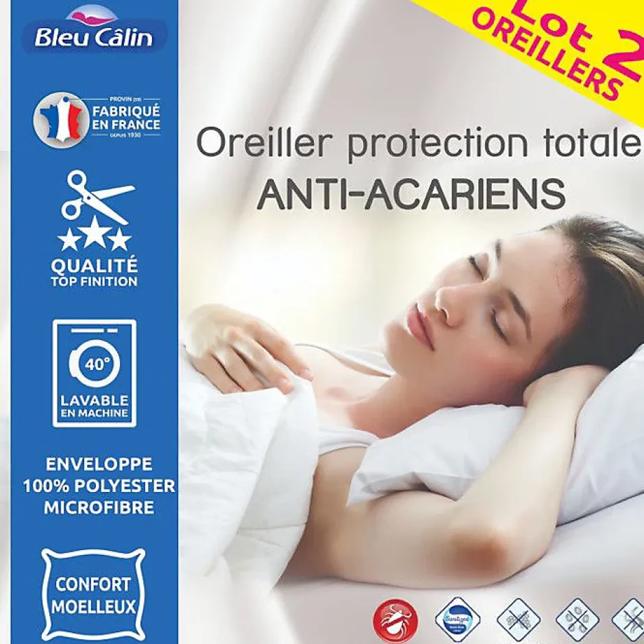 Bleu Calin Oreillers 60 x 60 cm Lot de 2 Anti acariens traité ESSENTIAL Best