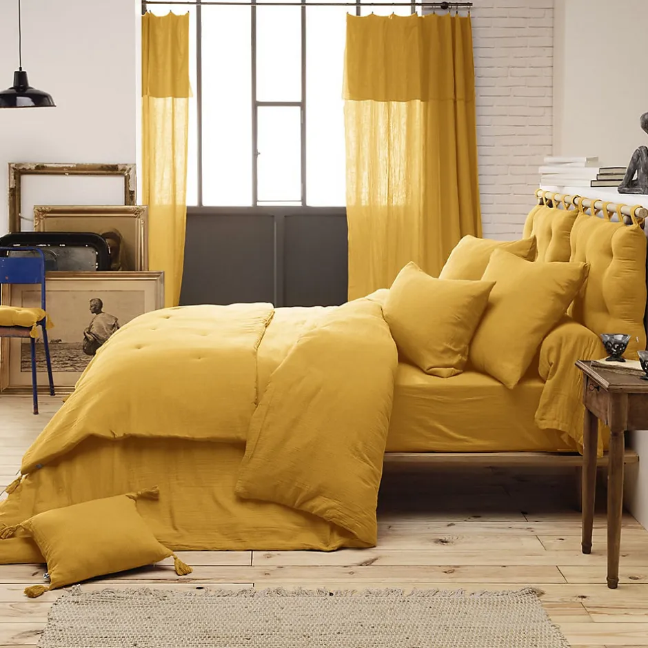 Altobuy OUREA - Chemin de Lit 90x200cm Capitonné Gaze de Coton Safran