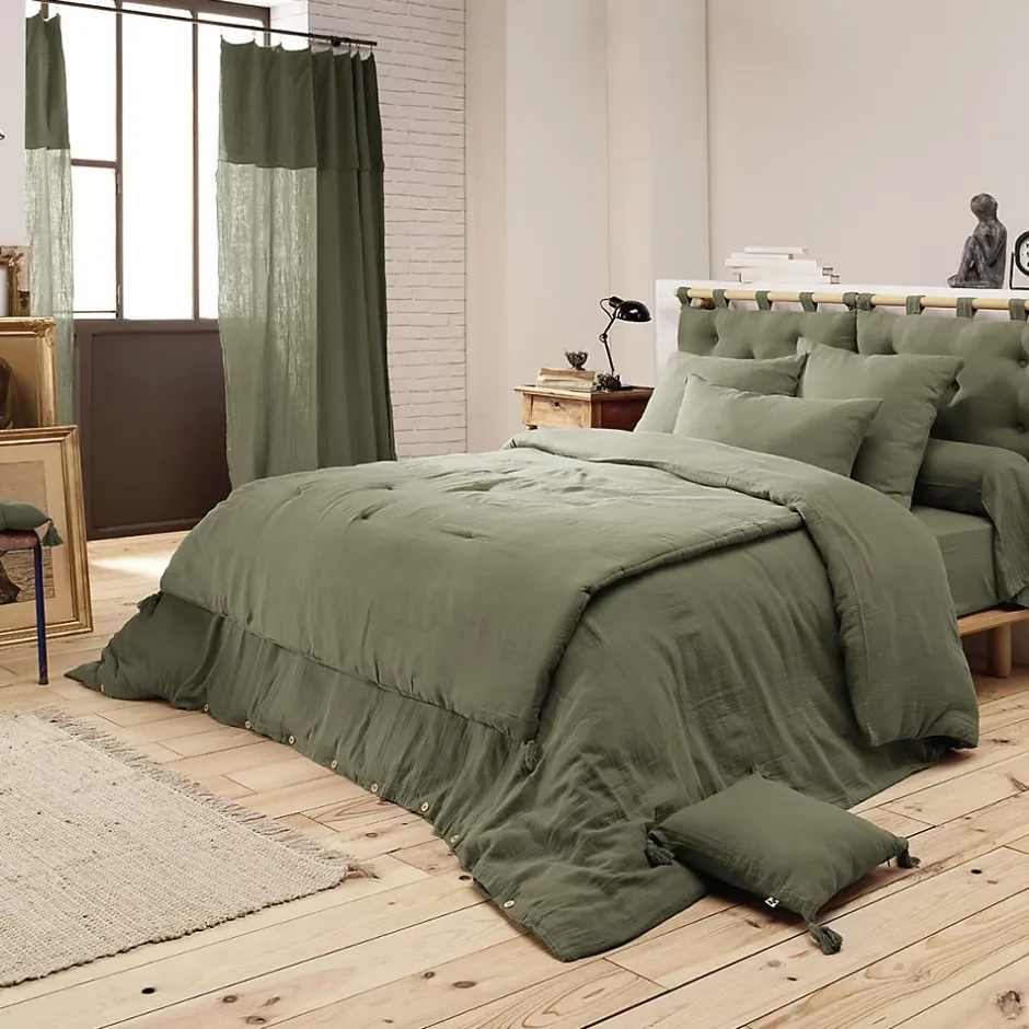 Altobuy OUREA - Couvre-pied 150x150cm Capitonné Gaze de Coton Romarin Olive Clearance