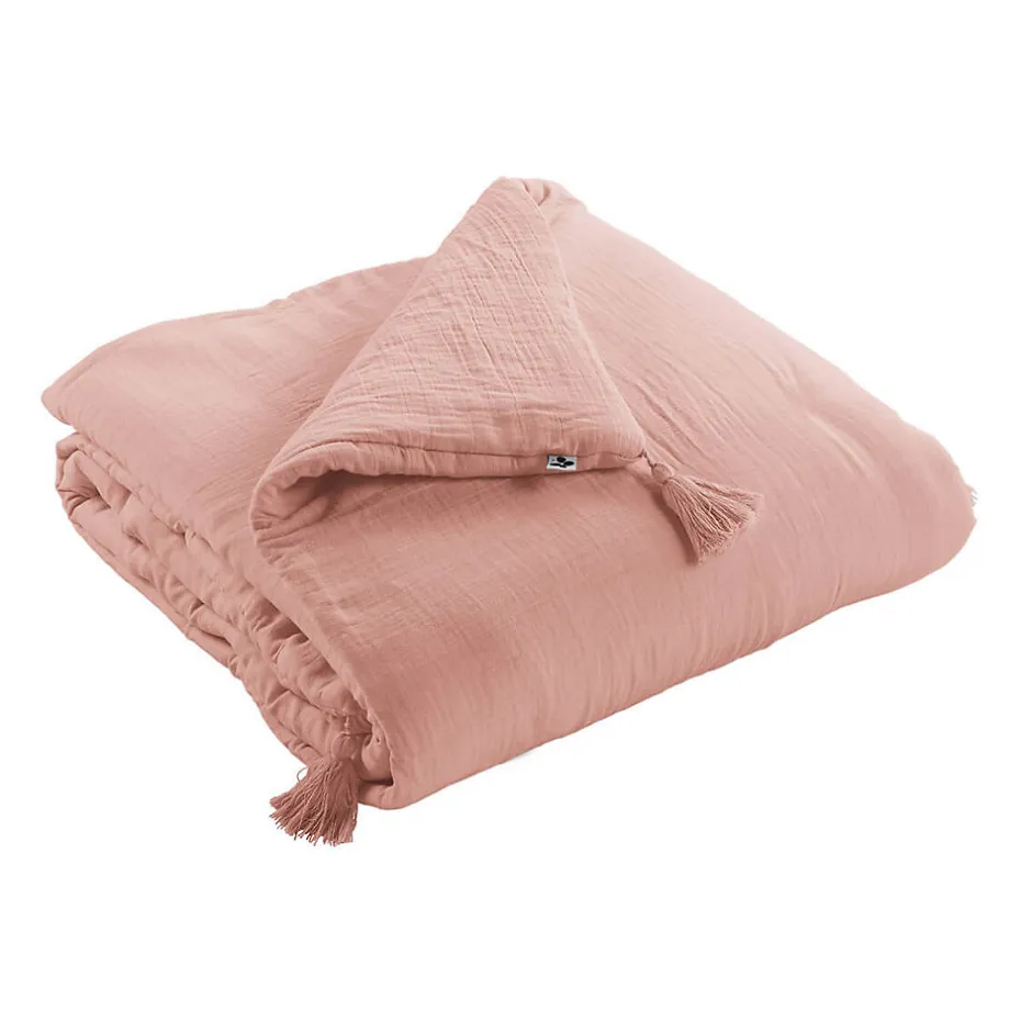 Altobuy OUREA - Couvre-pied 150x150cm Capitonné Gaze de Coton Rose Pêche