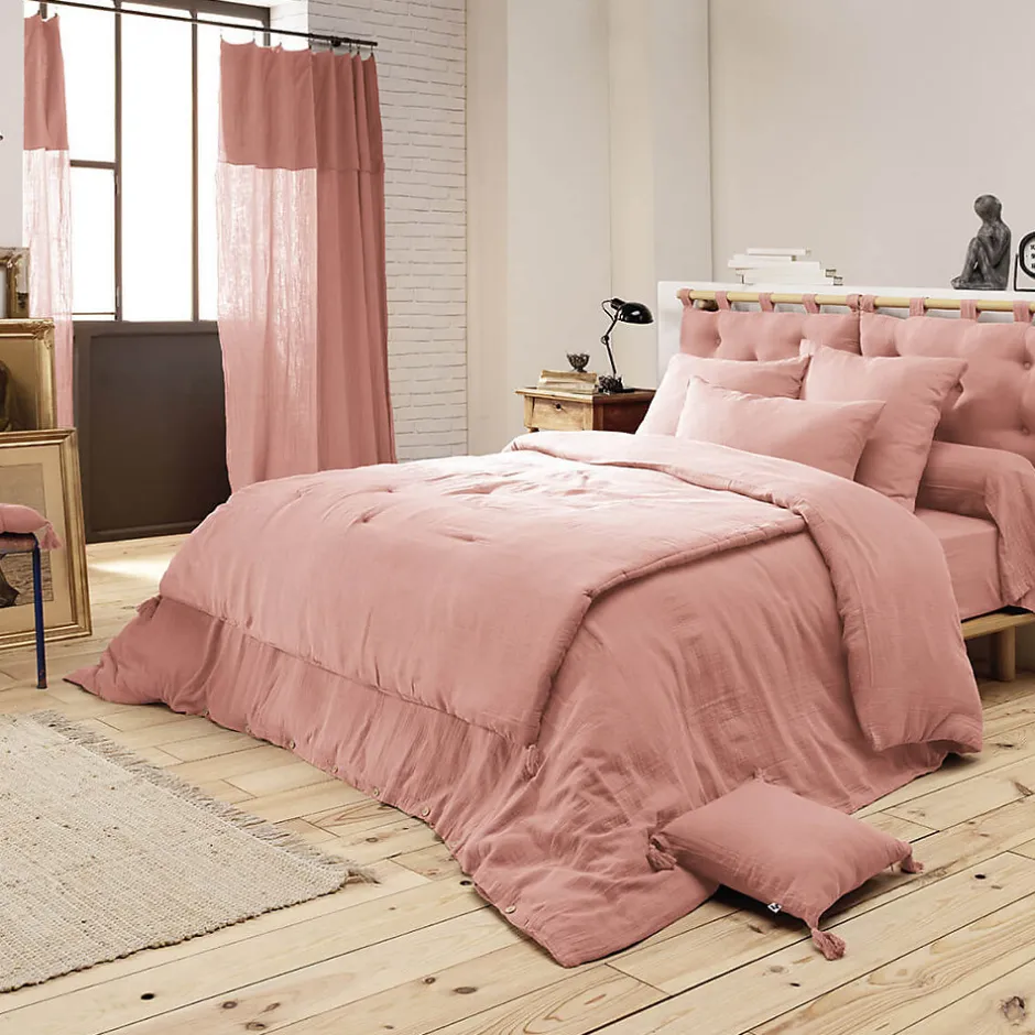 Altobuy OUREA - Couvre-pied 150x150cm Capitonné Gaze de Coton Rose Pêche