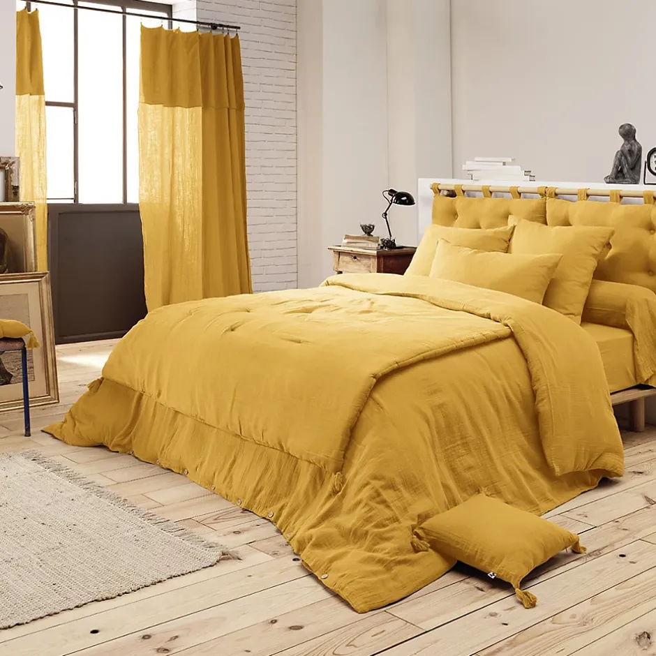Altobuy OUREA - Couvre-pied 150x150cm Capitonné Gaze de Coton Safran Clearance
