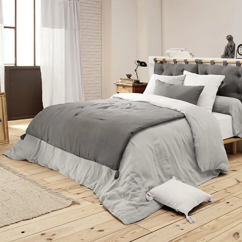 Altobuy OUREA - Couvre-pied 150x150cm Capitonné Gaze de Coton Granit