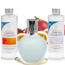 Mamamanuela Pack économique Lampe Catalytique Bleu Gris Mat + Parfum Caribbean Passion (500 ml) + Nettoyant Neutre (200 ml) + Mèche Rechange