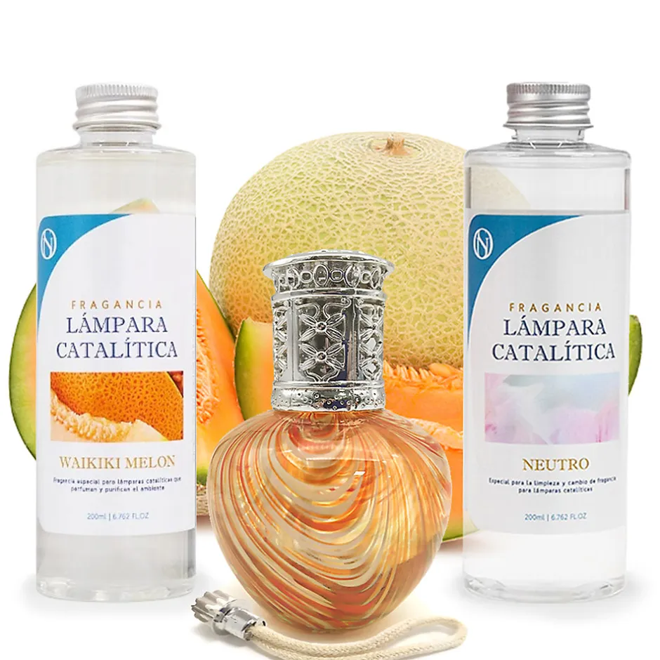 Mamamanuela Pack économique Lampe Catalytique Orange Waves + Parfum Waikiki Melon (500 ml) + Nettoyant Neutre (200 ml) + Mèche de Rechange