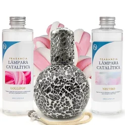 Mamamanuela Pack économique Lampe Catalytique Mosaïque Noir + Parfum Lollipop (500 ml) + Nettoyant Neutre (200 ml) + Mèche de Rechange Best