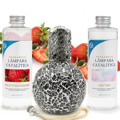 Mamamanuela Pack économique Lampe Catalytique Mosaïque Noir + Parfum Wild Strawberry (200 ml) + Nettoyant Neutre (200 ml) + Mèche de Rechange