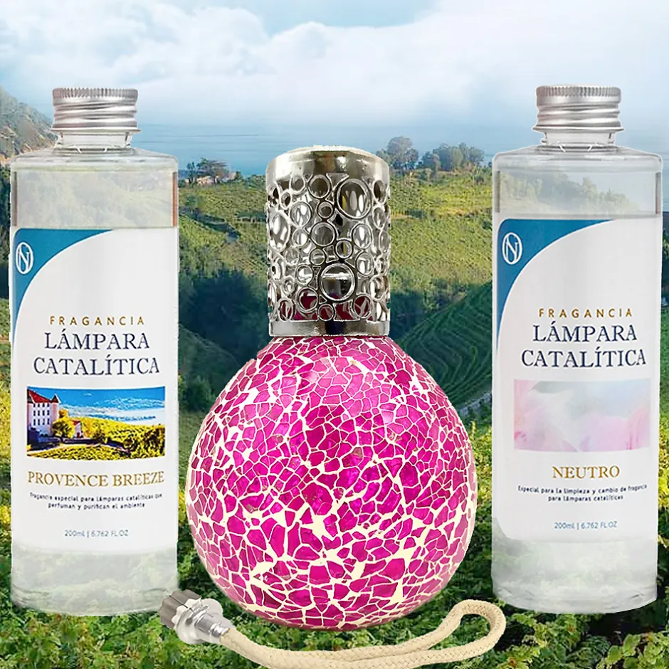 Mamamanuela Pack économique Lampe Catalytique Mosaïque Fuchsia + Parfum Provence Breeze (500 ml) + Nettoyant Neutre (200 ml) + Mèche Rechange