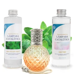 Mamamanuela Pack économique Lampe Catalytique Orange Diamonds + Parfum Mountain Mint (200 ml) + Nettoyant Neutre (200 ml) + Mèche de Rechange Hot