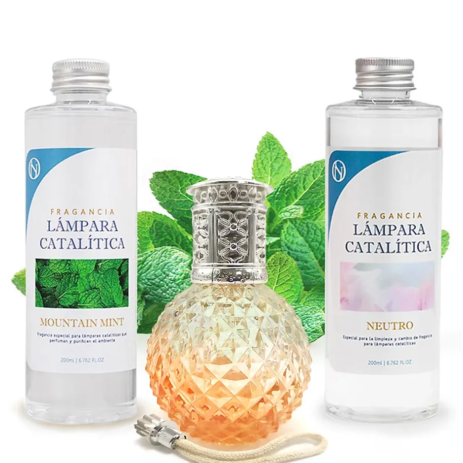 Mamamanuela Pack économique Lampe Catalytique Orange Diamonds + Parfum Mountain Mint (200 ml) + Nettoyant Neutre (200 ml) + Mèche de Rechange Hot