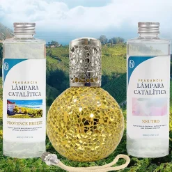 Mamamanuela Pack économique Lampe Catalytique Mosaïque Doré + Parfum Provence Breeze (200 ml) + Nettoyant Neutre (200 ml) + Mèche de Rechange