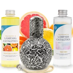 Mamamanuela Pack économique Lampe Catalytique Mosaïque Noir + Parfum Winter Citrus (500 ml) + Nettoyant Neutre (200 ml) + Mèche de Rechange Discount