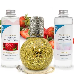 Mamamanuela Pack économique Lampe Catalytique Mosaïque Doré + Parfum Wild Strawberry (500 ml) + Nettoyant Neutre (200 ml) + Mèche de Rechange