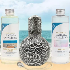 Mamamanuela Pack économique Lampe Catalytique Mosaïque Noir + Parfum Mediterranean Light (500 ml) + Nettoyant Neutre (200 ml) + Mèche Rechange