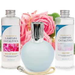 Mamamanuela Pack économique Lampe Catalytique Bleu-Gris Mat + Parfum Bed of Roses (200 ml) + Nettoyant Neutre (200 ml) + Mèche de Rechange New