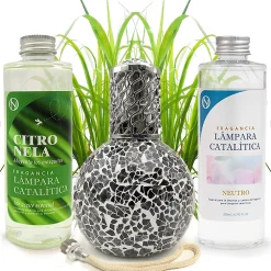 Mamamanuela Pack économique Lampe Catalytique Mosaïque Noir + Parfum Citronnelle (200 ml) + Nettoyant Neutre (200 ml) + Mèche de Rechange