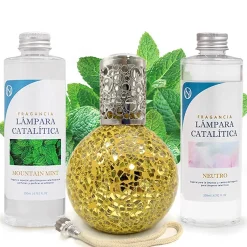 Mamamanuela Pack économique Lampe Catalytique Mosaïque Doré + Parfum Mountain Mint (500 ml) + Nettoyant Neutre (200 ml) + Mèche de Rechange Outlet