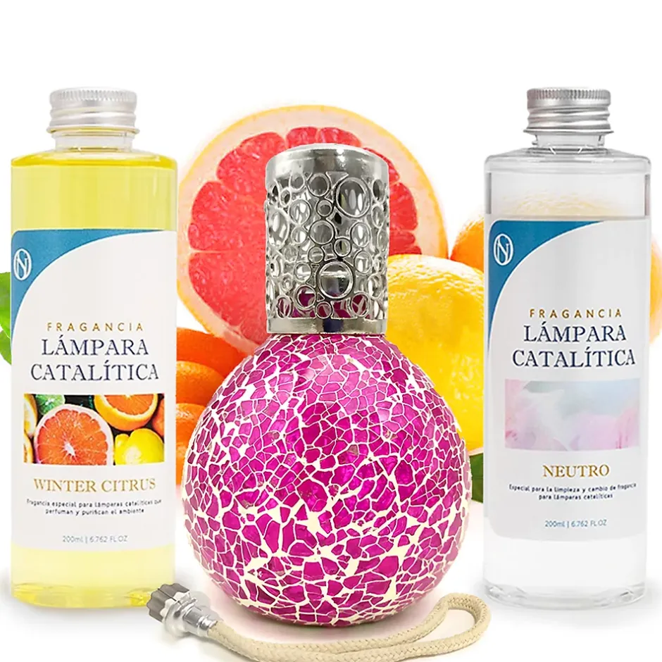 Mamamanuela Pack économique Lampe Catalytique Mosaïque Fuchsia + Parfum Winter Citrus (200 ml) + Nettoyant Neutre (200 ml) + Mèche de Rechange Clearance