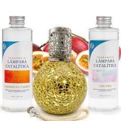 Mamamanuela Pack économique Lampe Catalytique Mosaïque Doré + Parfum Caribbean Passion (200 ml) + Nettoyant Neutre (200 ml) + Mèche Rechange