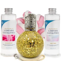 Mamamanuela Pack économique Lampe Catalytique Mosaïque Doré + Parfum Lollipop (500 ml) + Nettoyant Neutre (200 ml) + Mèche de Rechange New