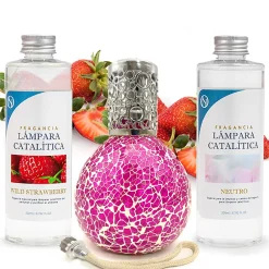 Mamamanuela Pack économique Lampe Catalytique Mosaïque Fuchsia + Parfum Wild Strawberry (500 ml) + Nettoyant Neutre (200 ml) + Mèche Rechange